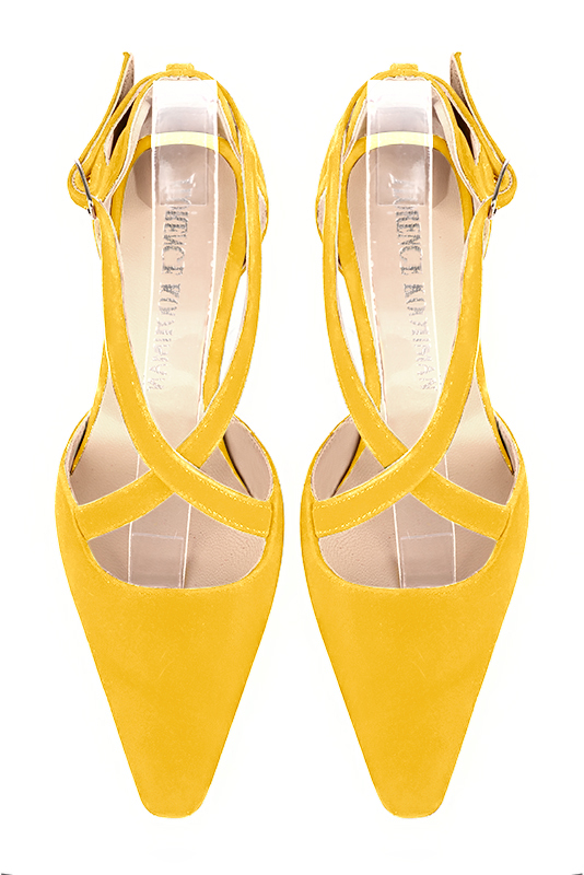 Yellow women's open side shoes, with crossed straps. Tapered toe. Low kitten heels. Top view - Florence KOOIJMAN